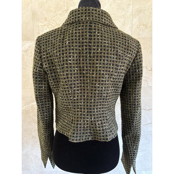 Carlisle Tweed Cropped Blazer 6 Green Black Leopard Statement Jacket Office Chic - Picture 8 of 13